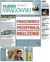Pierwsza strona dzisiejszego wydania Kuriera Mrągowskiego. Tematem wiodącym jest dalszy ciąg problemów w PCPR.