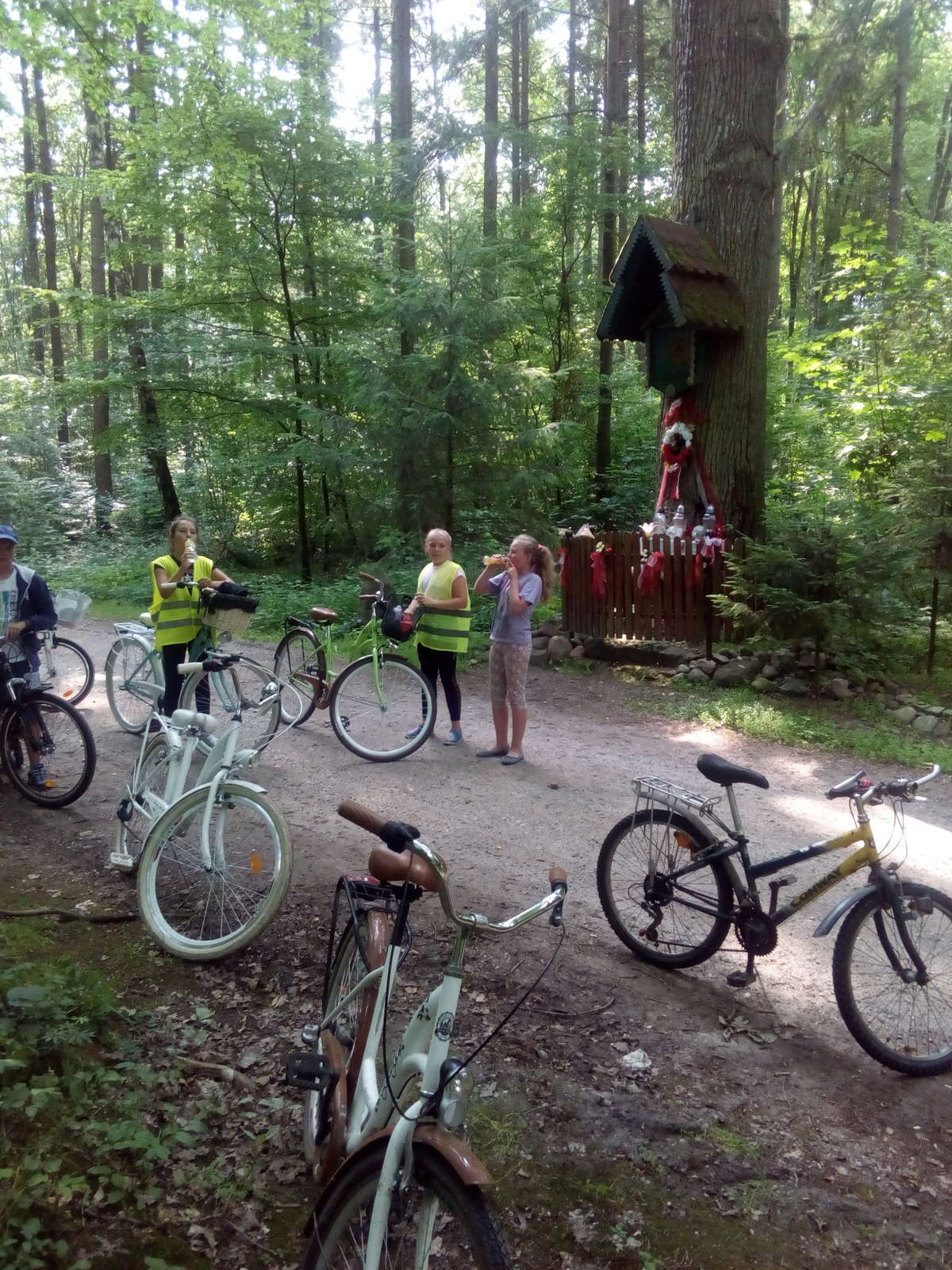 Uczniowie z Zajączkowa przy kapliczce w tylickim lesie