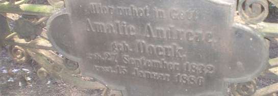 Grób babci Ernsta Wiecherta na cmentarzu w Krutyni z napisem na odwrocie: Tutaj spoczywa w Bogu Amelie Andreae z domu Doerk ur. 27.09.1832 zm. 15.01.1886.
