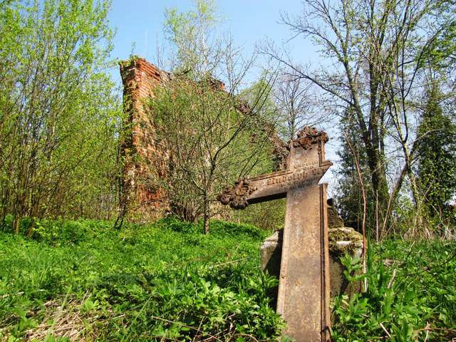 Wola Młynarska: Jedyny ocalały żeliwny krzyż, w tle ruiny kościoła