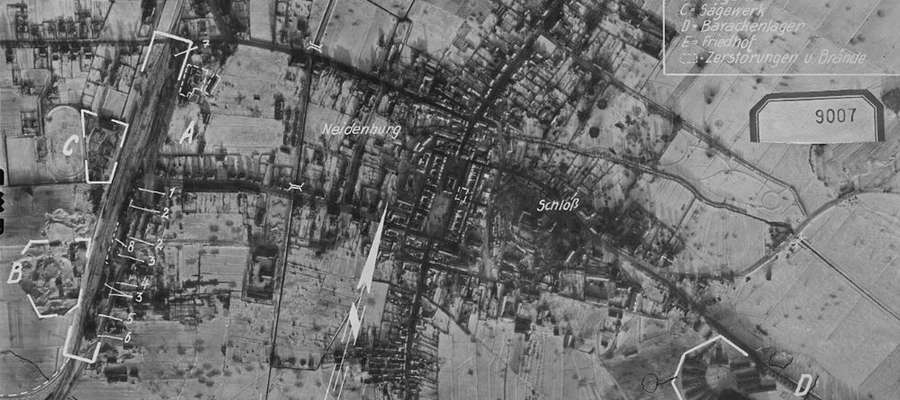 Zdjęcie lotnicze Nidzicy zrobione przez Rosjan 20 stycznia 1945 roku