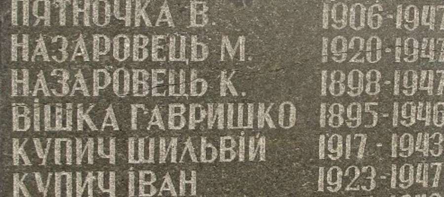 Na zdjęciu tablica w Żurawcach poświęcona mieszkańcom wsi zabitym i zamęczonym w czasie II wojny światowej. Wśród nich nazwiska Kowelśkyj i Żołondyk.