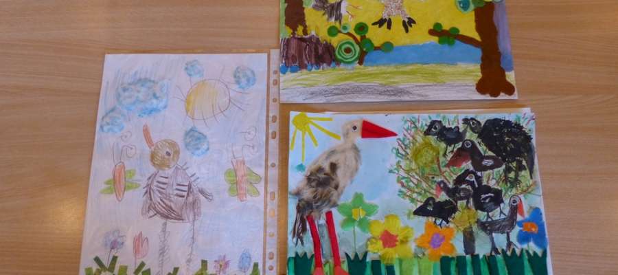 Zwycięskie prace konkursu "Ptaki naszego regionu" wykonane przez przedszkolaki