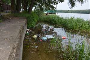 Zaśmiecony brzeg jeziora w Olecku