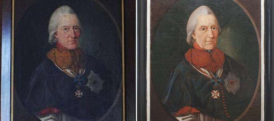 Po lewej portret biskupa Hohenzolerna ze zbiorów muzeum we Fromborku. Po prawej obraz uważany dotychczas za portret biskupa Krasickiego.