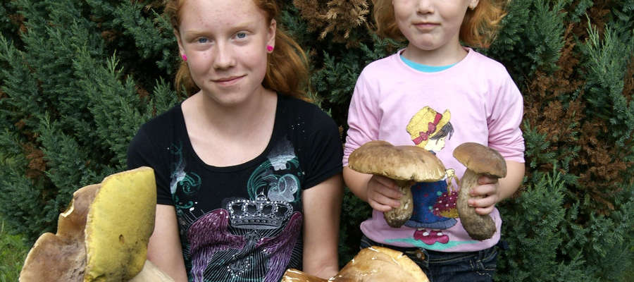 Wnuczki leśniczego z grzybami-okazami dziś znalezionymi z lesie koło Bisztynka.