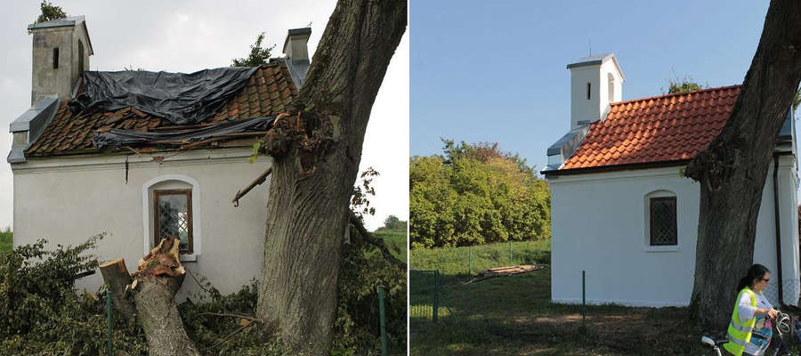 Kapliczka w Łędławkach została wyremontowana po tym, jak 25 lipca 2014 r. wicher przewrócił drzewo na jej dach.