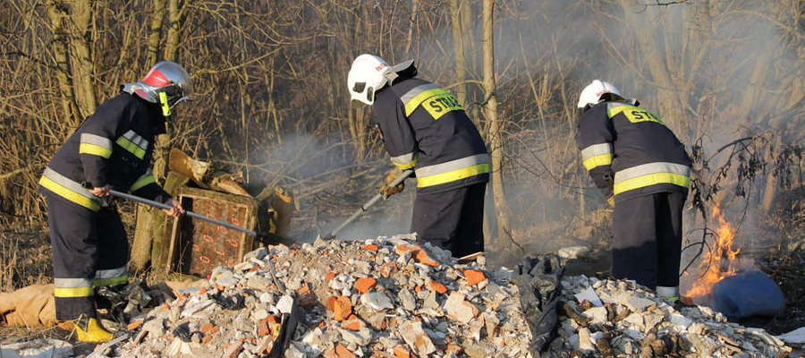 Strażacy z OSP w Bisztynku dogaszają płonące śmieci, które zajęły się od płonącej suchej trawy.