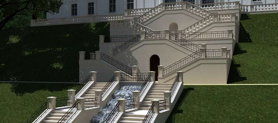 
Wizualizacja schodów przy oranżerii. Na zdjęciu widać stalowe barierki, ale wszystkie będą w stylu barokowym