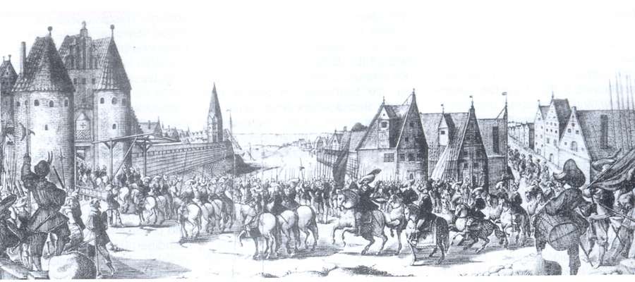 Elbląg 16 lipca 1626 roku. Król Szwecji Gustaw Adolf wjeżdża do Elbląga, pierwsza z lewej Brama Targowa