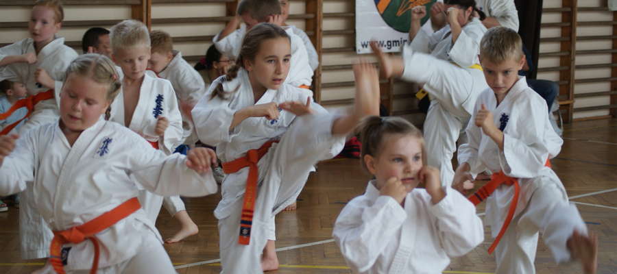 Rozgrzewka młodych karateków, tu akurat podczas seminarium w 2014 roku w iławskim Żeromku