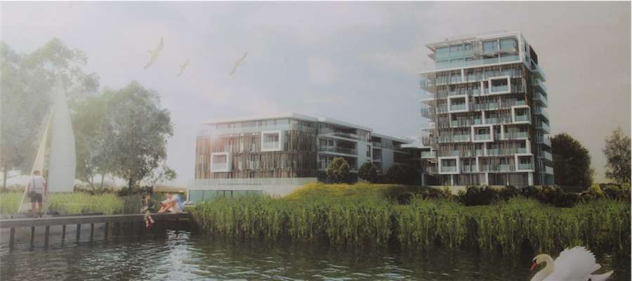 Wizja architektoniczna przyszłej zabudowy nad Zatoką Tracz jeziora Kisajno