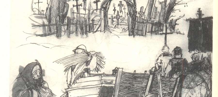 Rycina elbląskiego historyka sztuki i grafika Jerzego Domino, przedstawiającą Słomę zmarłych na furmance przed starym cmentarzem w Kwietniewie
