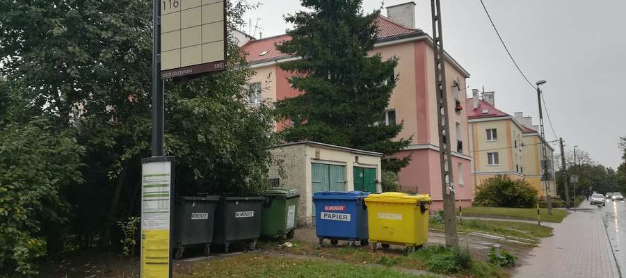 Śmietnik naprzeciwko przystanku autobusów miejskich przy ul. Paderewskiego w Olsztynie