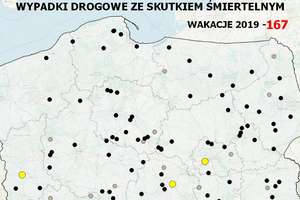 Jest mapa prezentująca wypadki ze skutkiem śmiertelnym w Polsce w ciągu ostatnich 24 godzin