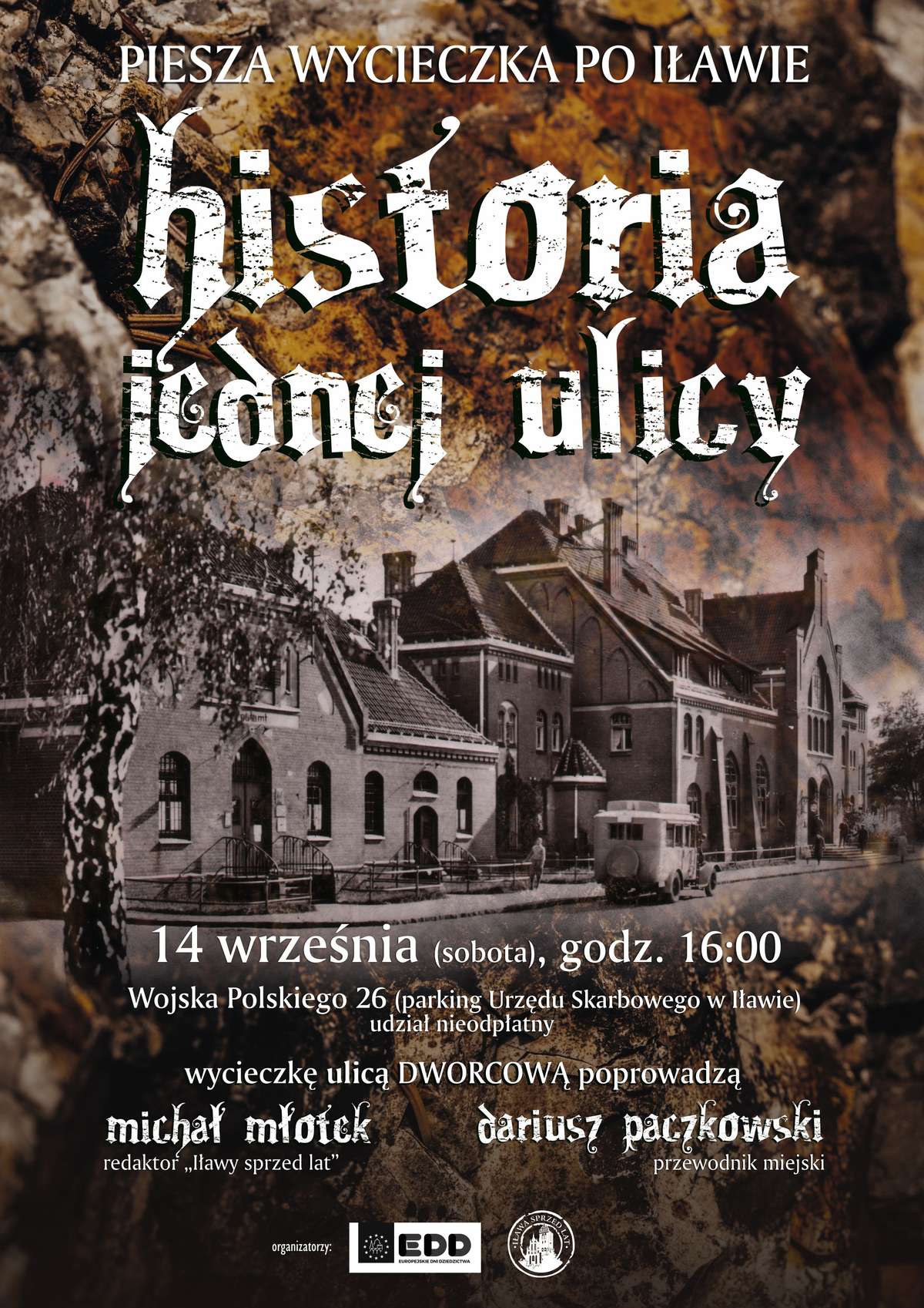 Plakat promujący wycieczkę ulicą Dworcową — kliknij, aby zobaczyć go w całości
