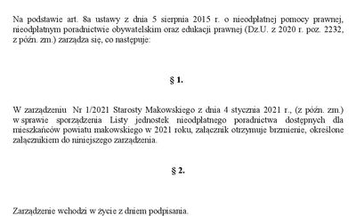 Lista jednostek nieodpłatnego poradnictwa dostępnych dla mieszkańców powiatu makowskiego w 2021 roku