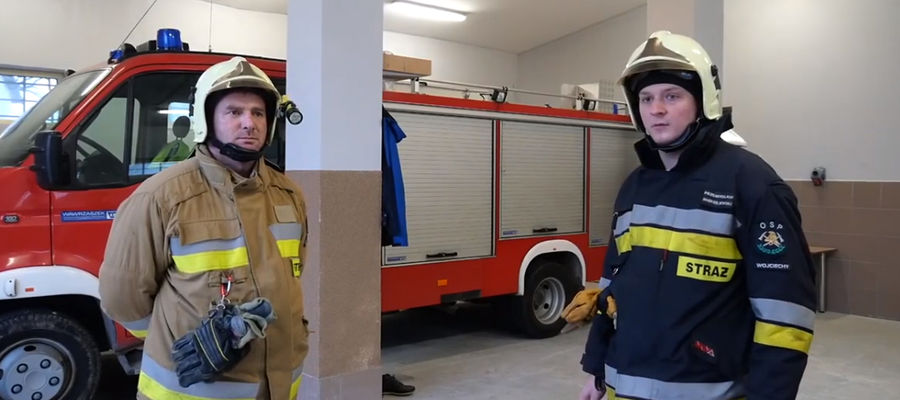 Kadr z filmu o OSP Wojciechy, przygotowanego w ramach międzynarodowej wymiany strażaków Erasmus + "Technologia dla strażaków".
