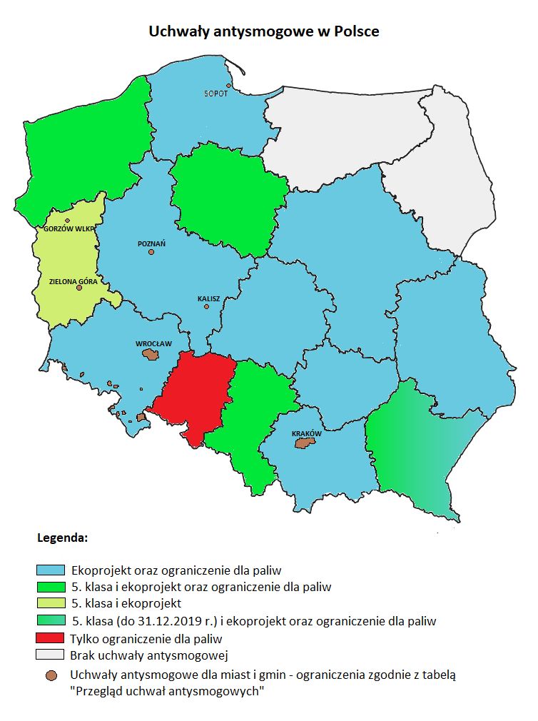 Rys. Ograniczenia wynikające z wprowadzonych w Polsce Uchwał antysmogowych; stan na luty 2021 r.