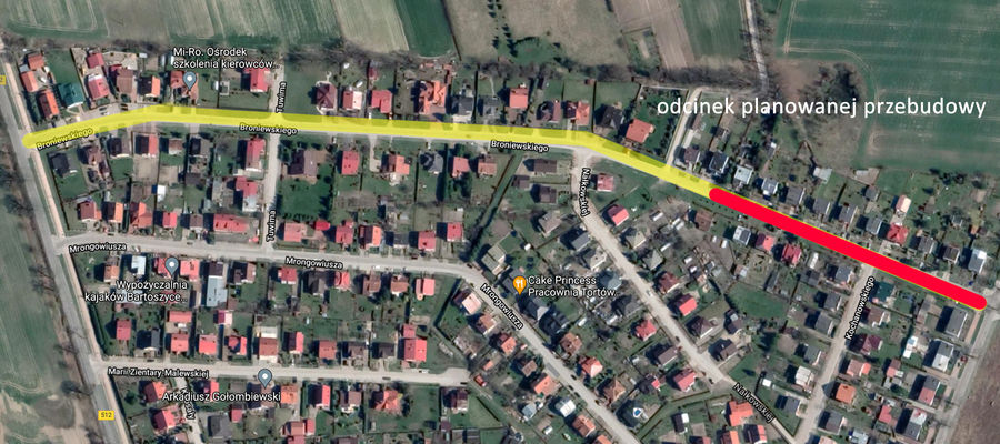 Odcinek planowanej przebudowy ul. Broniewskiego w Bartoszycach