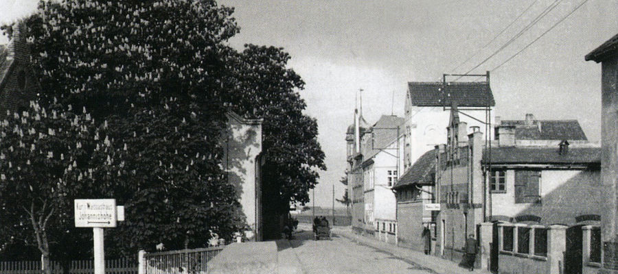 Wśród kwitnących kasztanowców skrywa się piska synagoga. Zdjęcie zrobione zostało z mostu drogowego, w kierunku ulicy Grafa Yorcka.  