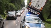 Ciężarówka z kołami w górze, a naczepa w rowie. Duże korki na wylocie z Olsztyna [ZDJĘCIA]
