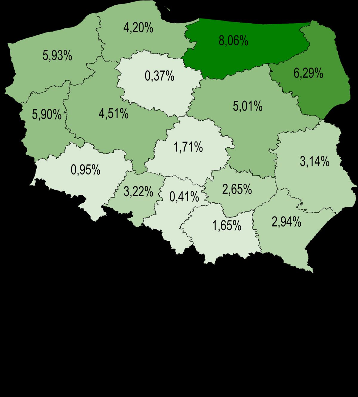 Średni roczny spadek zapadalności na gruźlicę płuc (%) w Polsce między 2003 a 2012 rokiem (opracowanie własne na podstawie raportów Instytutu Gruźlicy i Chorób Płuc)