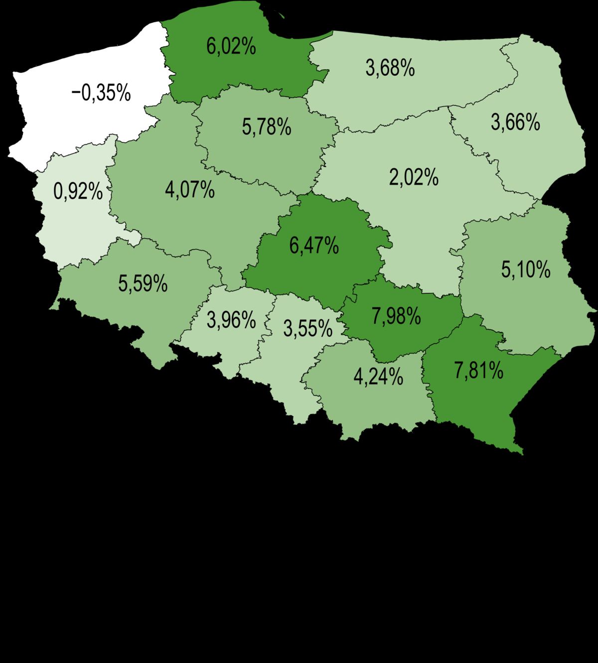 Średni roczny spadek zapadalności na gruźlicę płuc w Polsce między 2012 a 2019 rokiem (opracowanie własne na podstawie raportów Instytutu Gruźlicy i Chorób Płuc)