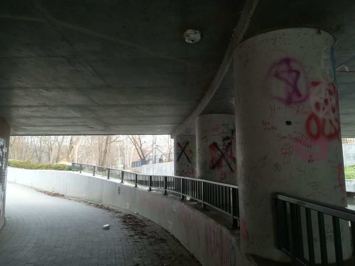 Wandale niszczą tunel dla pieszych pod mostem św. Jakuba w Olsztynie.