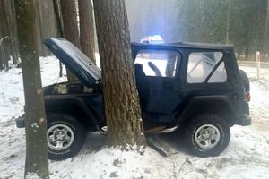69-latek, kierujący samochodem osobowym marki JEEP, uderzył w drzewo