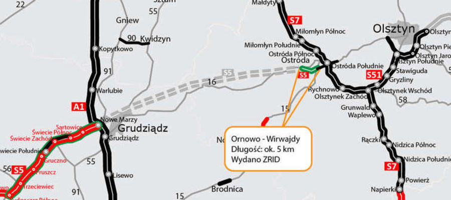 Mapka planowanej drogi Ostróda - Grudziądz