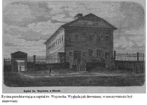 Rycina przedstawiająca szpital św. Wojciecha. Wygląda jak drewniany, ale w rzeczywistości był murowany