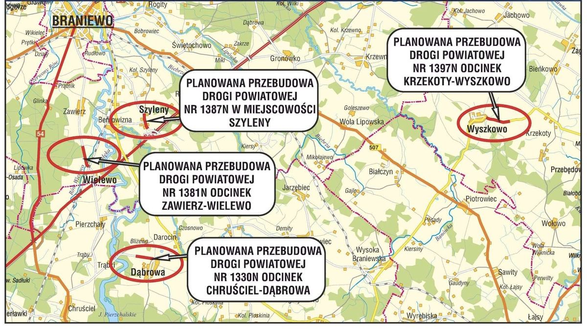 Mapa drogowa powiatu braniewskiego