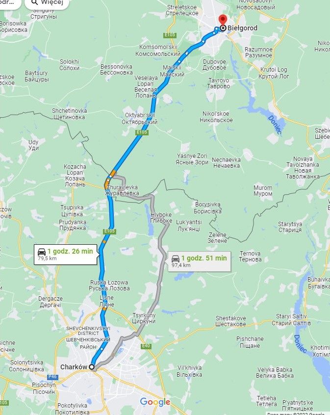 mapa trasy z Biełgorodu(Rosja) do Charkowa(Ukraina)