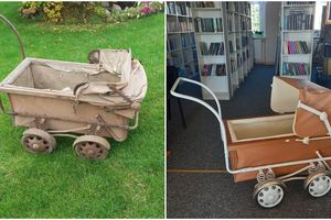 Przedwojenny wózek dziecięcy po renowacji w Lokalnej Izbie Pamięci w Jamielniku