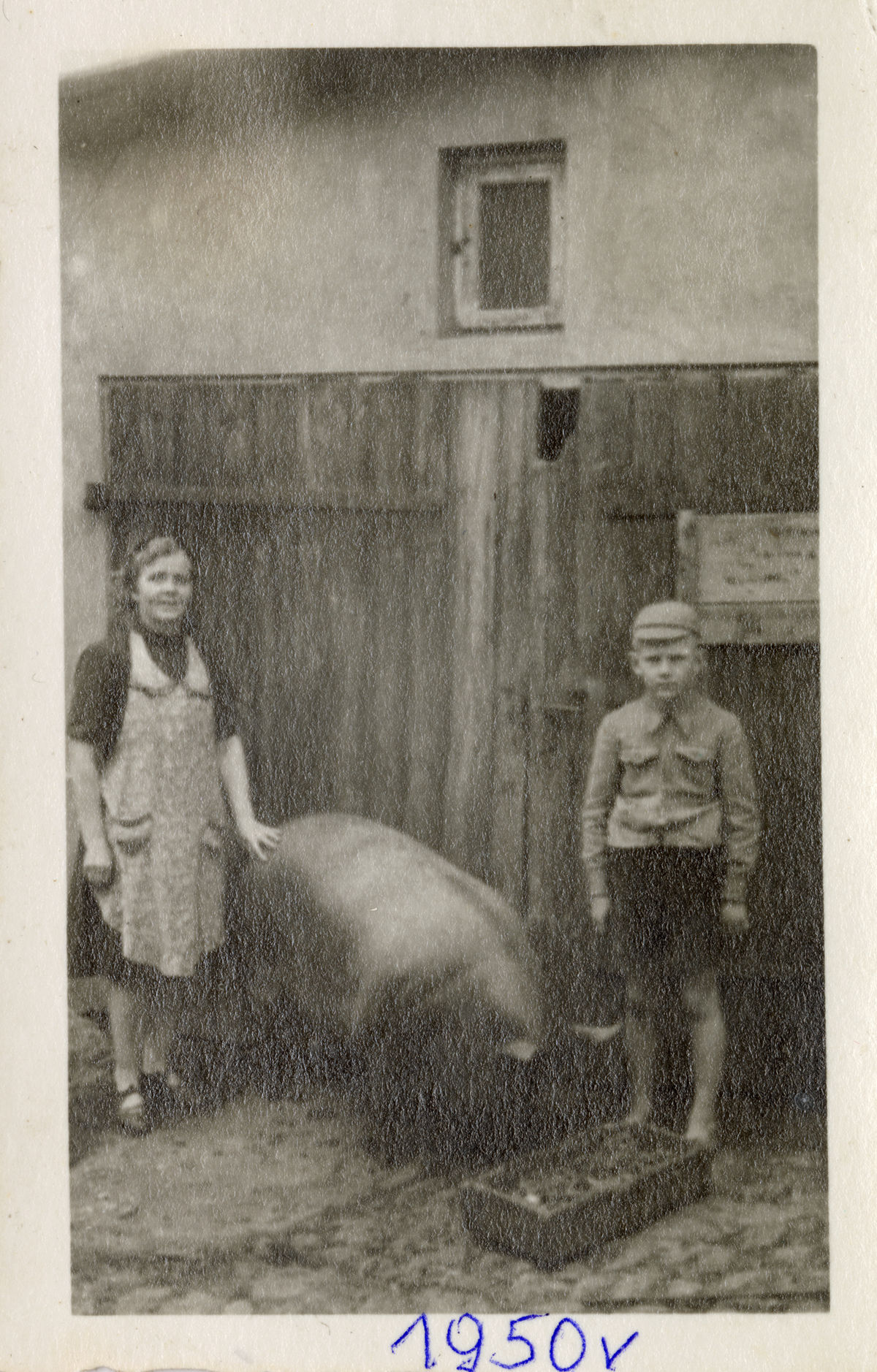 Stefan Lempiecki z mamą przed budynkiem gospodarczym na podwórku przy ul. Warszawskiej w Giżycku (1950 r.) 