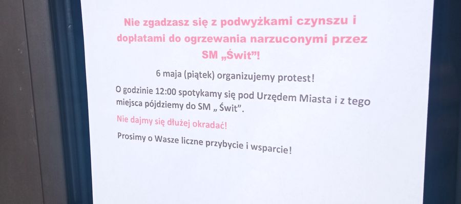 informacja o planowanym przez mieszkańców proteście w sprawie podwyżek czynszów w SM "Świt" w Ełku