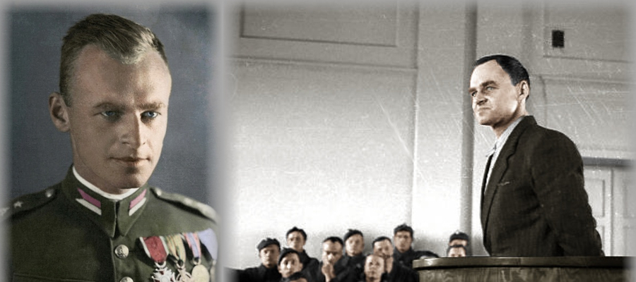 Witold Pilecki w mundurze oficerskim (L) i na pokazowym komunistycznym procesie