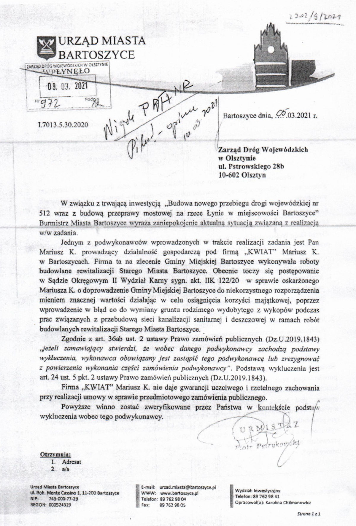 Pismo, wysłane przez burmistrza Piotra Petrykowskiego