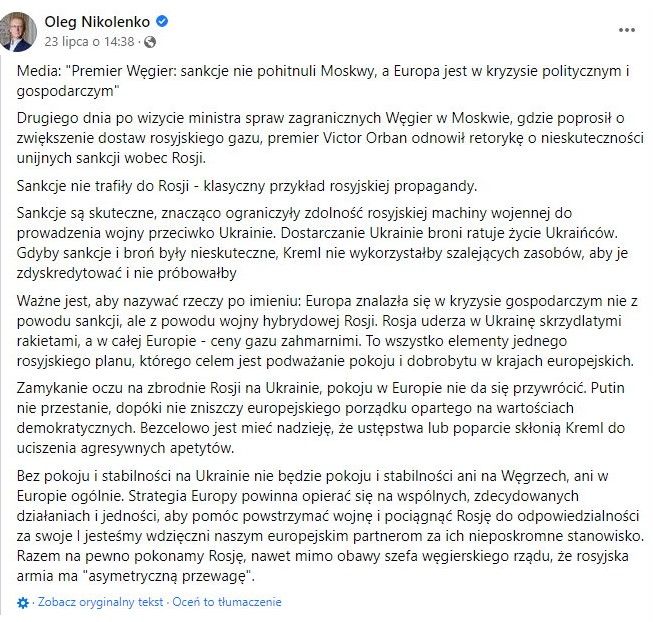 Oleg Nikołenko rzecznik prasowy ukraińskiego MSZ o słowach węgierskiego premiera