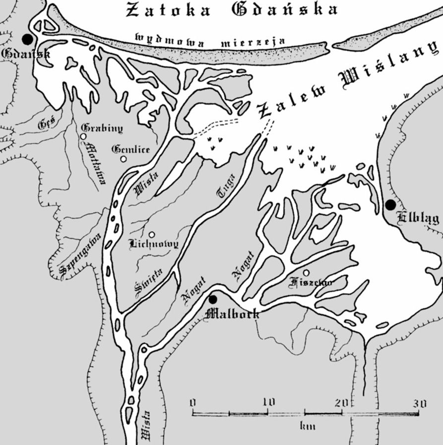 Mapa przedstawiająca deltę Wisły oraz zarys Mierzei Wiślanej z roku około 1300