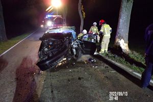 Poważny wypadek w Wawrowicach. Kierowca uderzył w drzewo i wypadł przez przednią szybę