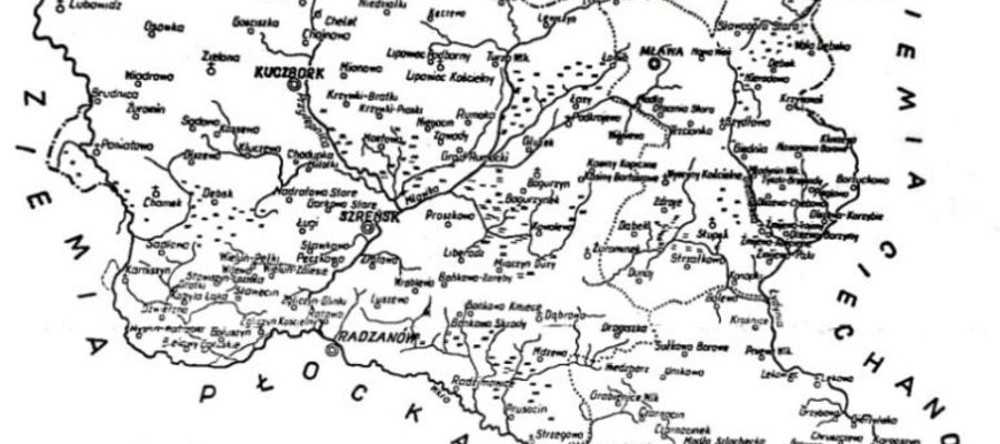 Mapa Ziemi Zawkrzeńskiej z zaznaczonymi ośrodkami miejskimi i wiejskimi.