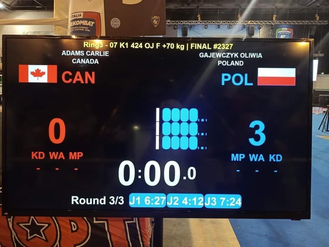 Oliwka Gajewczyk z ełckiej Szkoły Walki Thor zdobyła dla Polski tytuł Mistrzyni Świata w K1; Lido do Jesolo, Włochy 7 X 22 r.