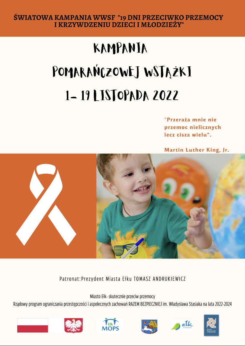 Kampania Pomarańczowa Wstążka – 19 dni przeciwko przemocy i krzywdzeniu dzieci oraz młodzieży; Ełk, 1-19 XI 22 r.