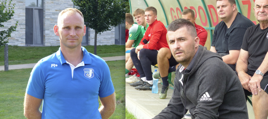 Daniel Madej (trener Jezioraka Iława, z lewej strony) i Damian Jarzembowski (trener GKS-u Wikielec)
