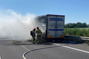 Pożar ciężarówki z peletem na S7 w Kazimierzowie. Trasa jest nieprzejezdna