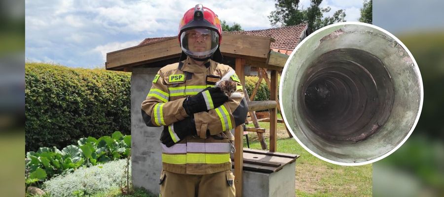 Strażacy z Jednostki Ratowniczo-Gaśniczej PSP w Braniewie uratowali kota uwięzionego na dnie 10-metrowej studni