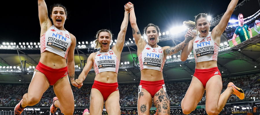 Pia Skrzyszowska, Kryscina Cimanouska, Magdalena Stefanowicz i Ewa Swoboda cieszą się z awansu do finału sztafet 4x100 m