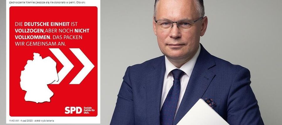 Wiceszef MSZ Arkadiusz Mularczyk, w miniaturze wpis europosła PiS prof. Z.Krasnodębskiego z plakatem SPD